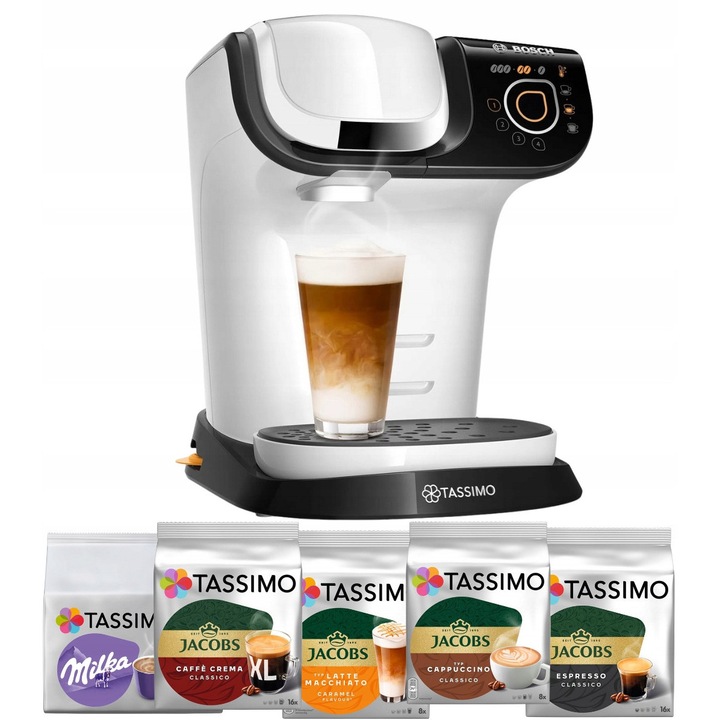 Espressor capsule Bosch Tassimo My Way 2 TAS6504, alb, 1500W, capacitate 1.3l, set capsule