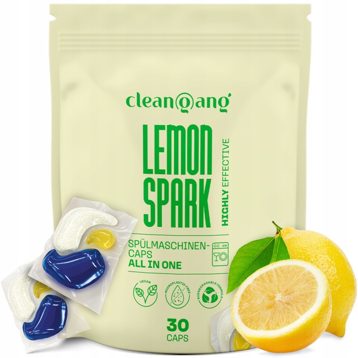 Kapsule de spalare pentru masina de spalat vase Cleangang Lemon Spark, 30 bucati, 10 in 1, biodegradabile, fara fosfati