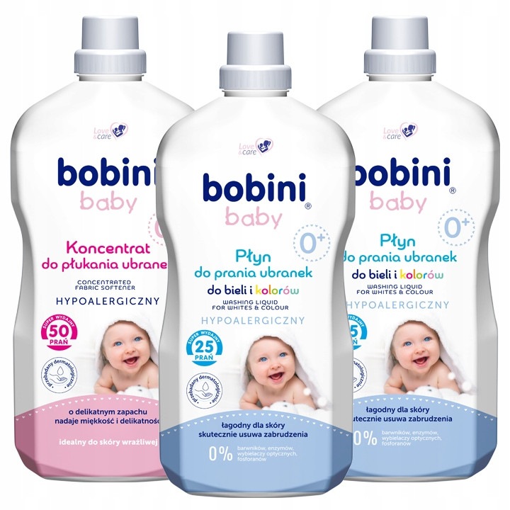 Bobini Baby mosószer szett, 3x1,8L, hipoallergén, pamuttejjel, gyermekeknek