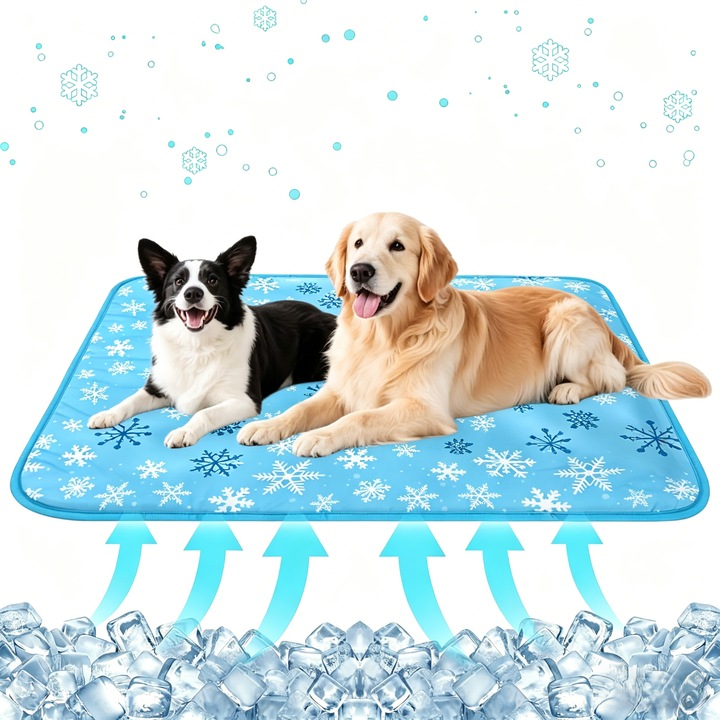 Covoras Racitor pentru Caini si Pisici Lysithéra®, Racire Fizica, Material PVC Compozit Eco-friendly Rezistent la Zgarieturi, Pliabil & Portabil, Lavabil, Model Albastru cu Fulgi de Zapada, 50x60 cm