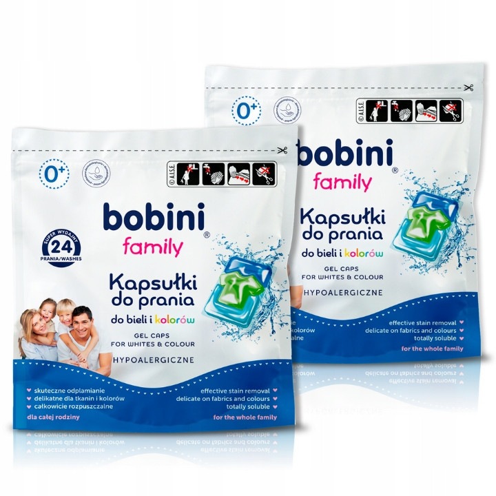 Bobini Family mosókapszula, hipoallergén, 48 db-os szett, fehér és színes ruhákhoz, 3 kamrás, 24x2