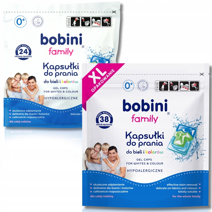 Bobini Family mosókapszula, hipoallergén, 62 darab, színes és fehér ruhákhoz, érzékeny bőrhöz kíméletes