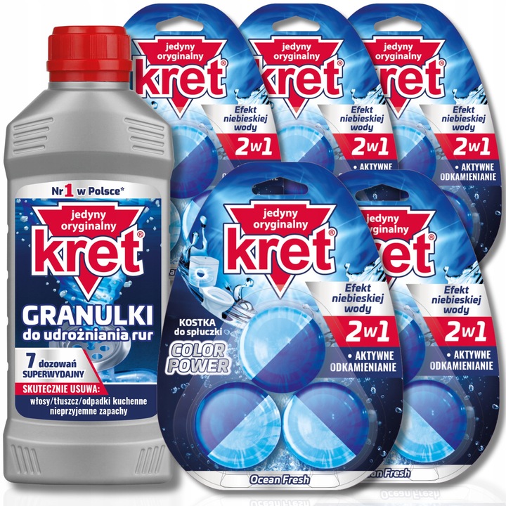 KRET Cub pentru rezervor de toaleta, colorant apa x5 + granule pentru desfundat tevi 280g