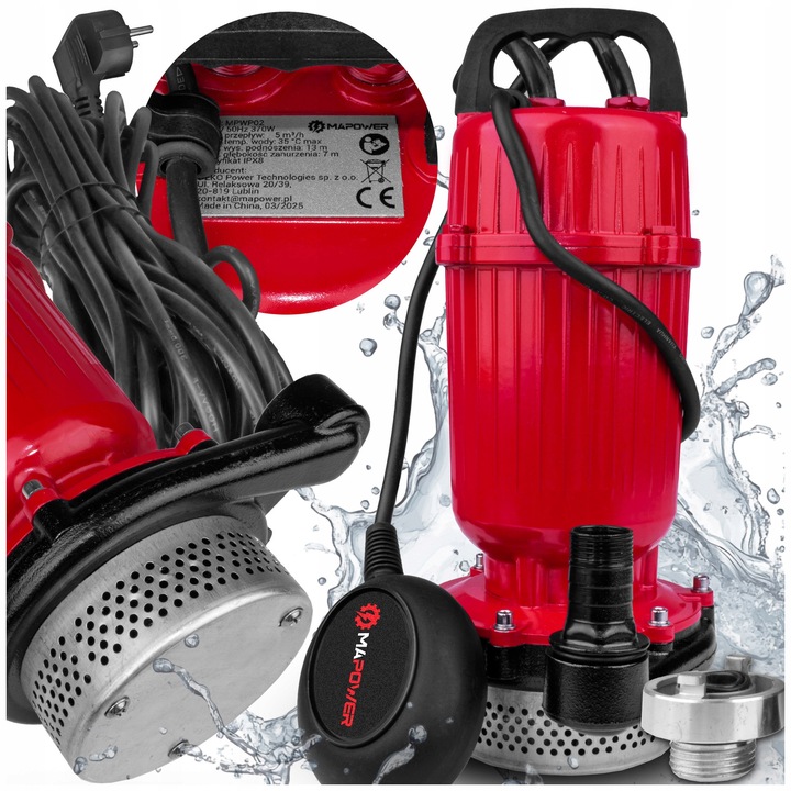 MPWP02 búvárszivattyú tiszta és szennyezett vízhez, 370W, 5000 l/h, 10m kábel, IPX8
