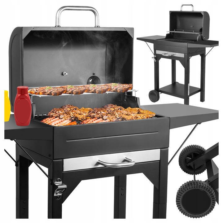 MalTec kerti grill, nagy, fedeles, mobil, hőmérővel, kerekekkel