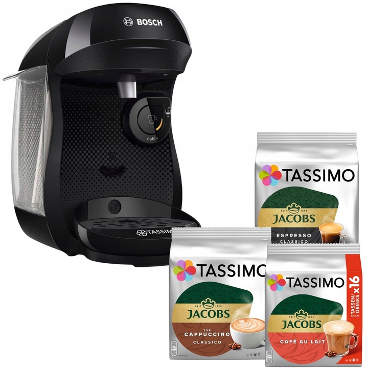 Espressor capsule Bosch Tassimo Happy Friendly TAS102E, 1400W, 0,7L, negru + set capsule (8 Jacobs Cappuccino Classico, 16 Jacobs Espresso Classico, 16 Jacobs Cafe Au Lait)