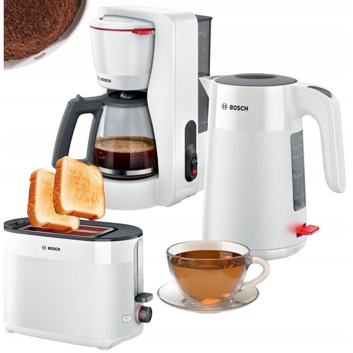 Set Bosch MyMoment Cafetiera TKA2M111 1,4l, Toster TAT2M121 950W, Fierbator TWK2M161 1,7l Alb