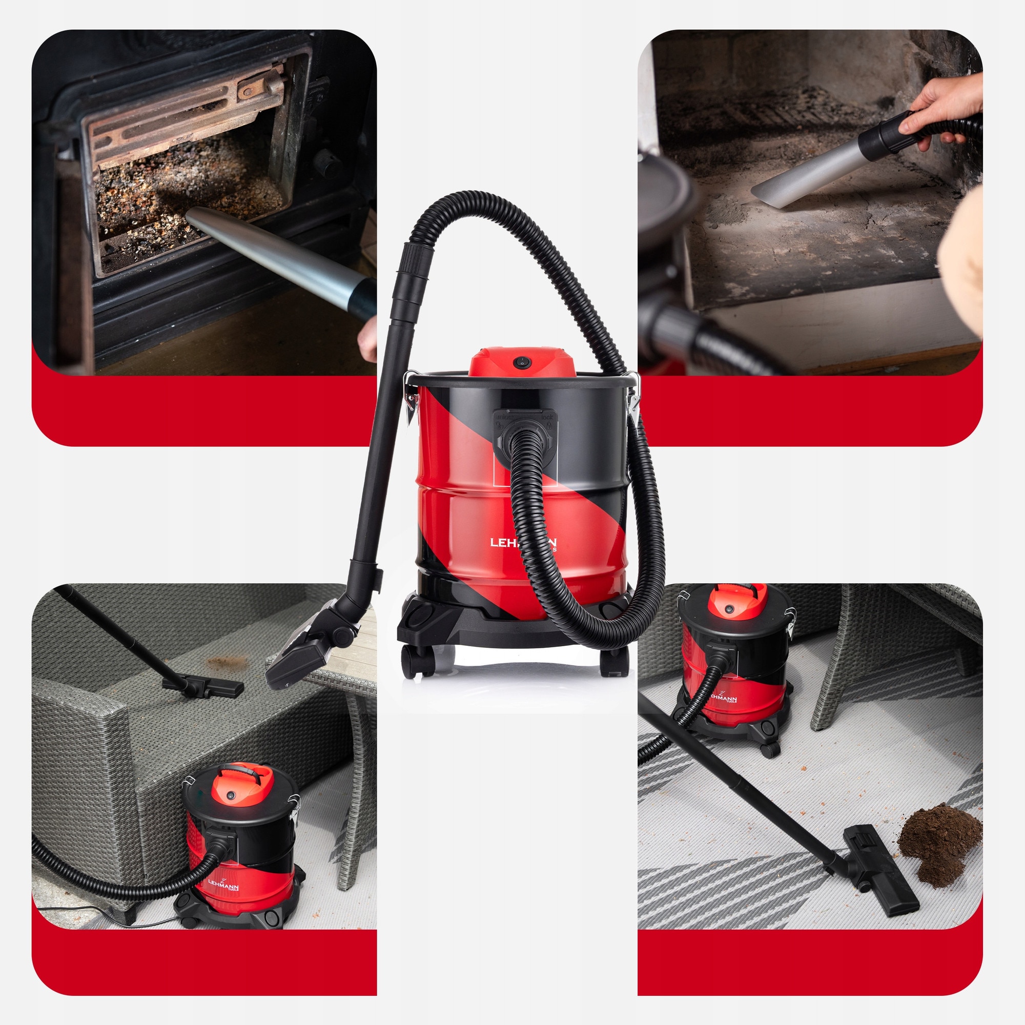 Aspirator industrial Lehmann Haddo Premium 2000W, fara sac, filtru HEPA, capacitate 20L, negru-rosu