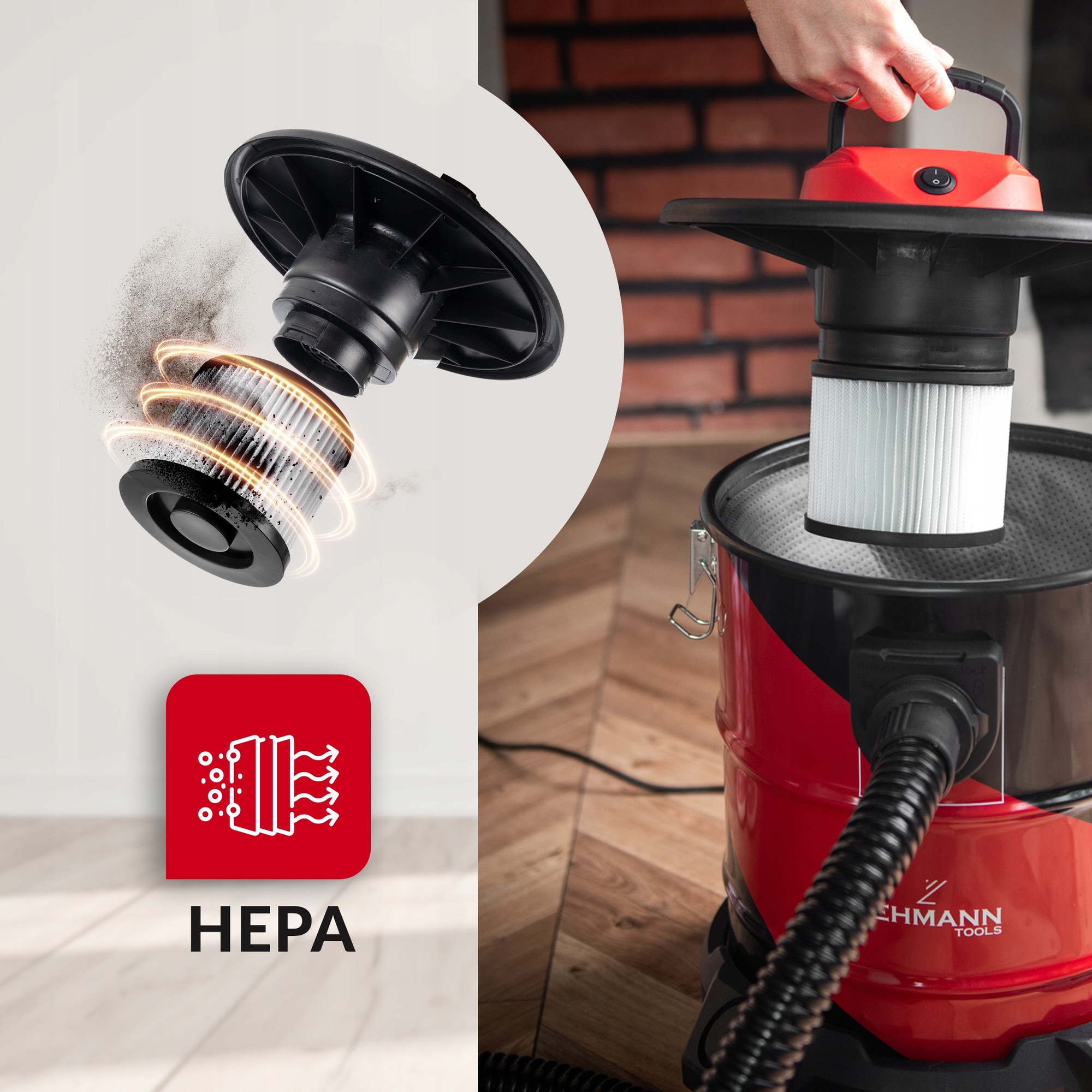 Aspirator industrial Lehmann Haddo Premium 2000W, fara sac, filtru HEPA, capacitate 20L, negru-rosu