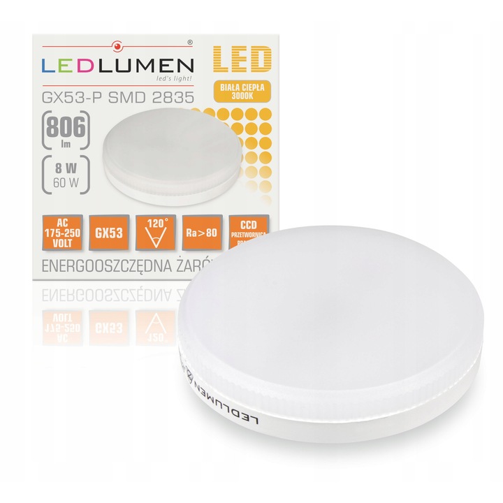 LED GX53 izzó 8W, 806lm, 3000K/4000K, 2 darabos szett