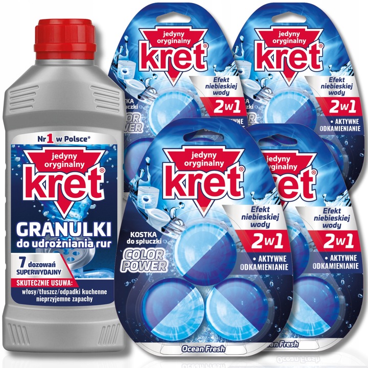 Set KRET - Cub de toaleta pentru colorarea apei 280g + 4x pentru toaleta Ocean Fresh 3x50g