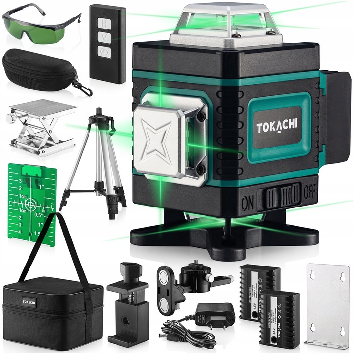 Nivela laser Tokachi LineX PRO, 16 linii, verde, set complet cu 15 accesorii, 45m, stativ 150cm