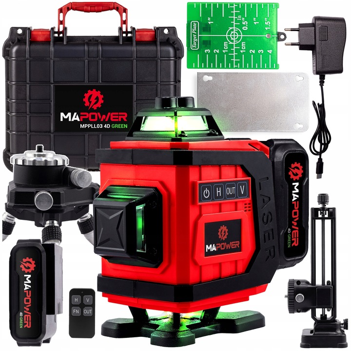 Nivela laser MAPOWER MPLL03, 4 capete, verde, set complet