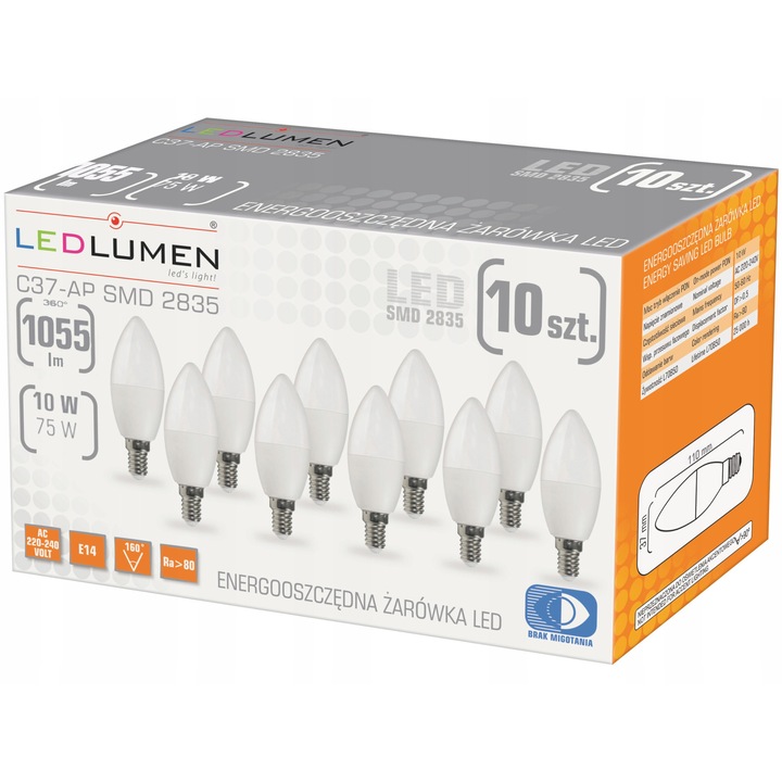 10 db E14 10W LED izzó készlet, 1055lm, 3000K, gyertya forma