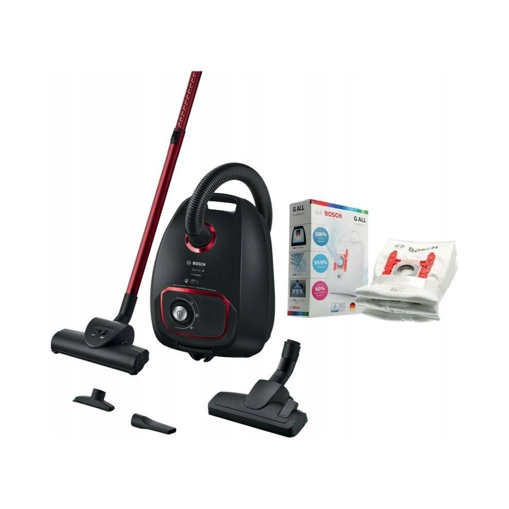 Bosch Serie 4 BGB41POW1 porzsákos porszívó, 850W, HEPA szűrő, 4 db BBZ 41FGALL porzsák szett, fekete, 4L