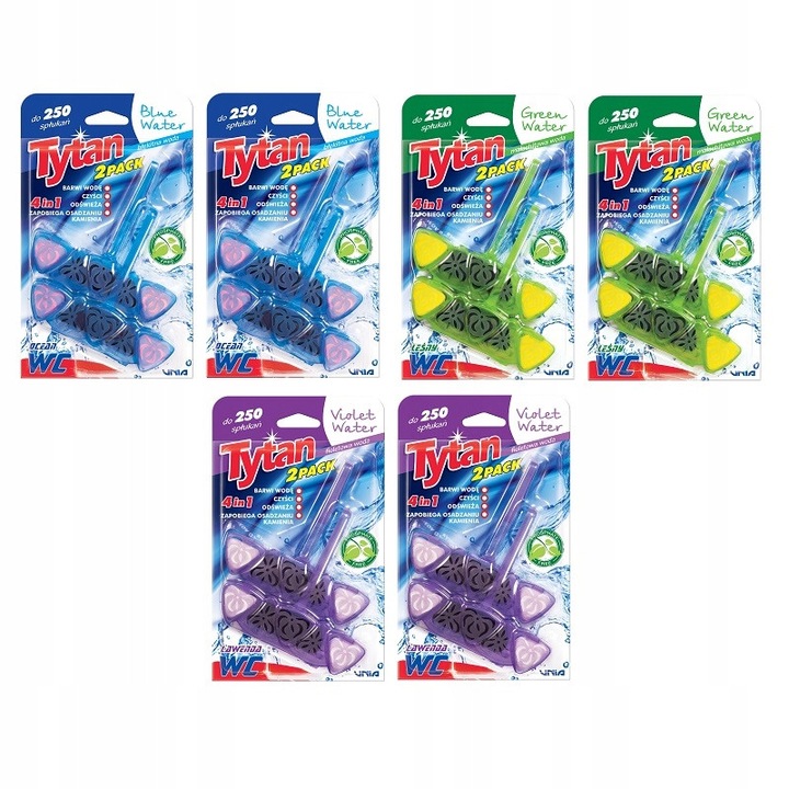 Set 6 x Kostka WC 4w1 Tytan, barvitoare apa, 2x40g, albastru, verde, violet