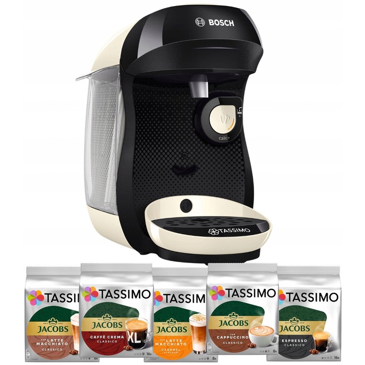 Espressor capsule Bosch Tassimo Happy TAS107E, 1400W, 0,7L, crem, set 8 capsule Jacobs Latte Macchiato, 16 capsule Jacobs Caffe Crema, 8 capsule Jacobs Cappuccino, 16 capsule Jacobs Espresso