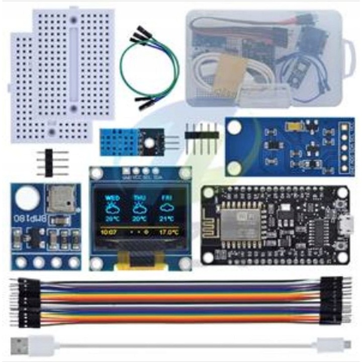 Комплект компоненти за изграждане на метеорологична станция ESP8266, сензор DHT11, барометър BMP180, сензор за светлина BH1750, OLED дисплей 0.96, 170x2cm, пластмасова кутия