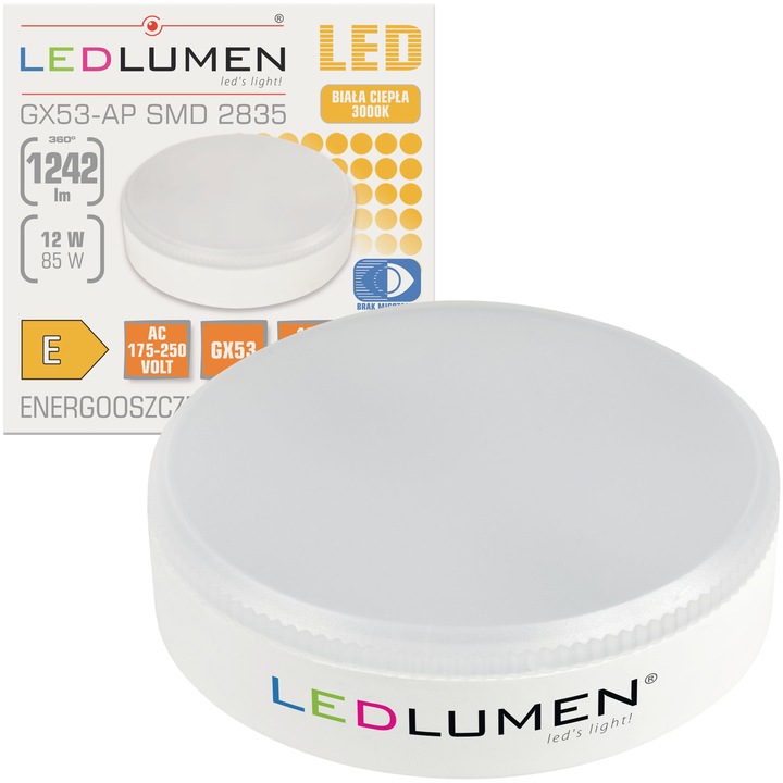 LED GX53 12W izzó, Ledlumen, 1242lm, meleg fehér, 3000K
