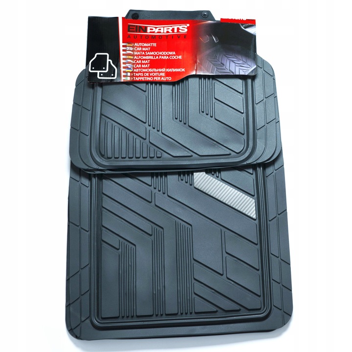 Автомобилни стелки, EinParts Automotive, модел EPCFM05, комплект 4 части, противоплъзгащи, PVC, черни със сребристи детайли, размери 73,5x46см и 37x36см