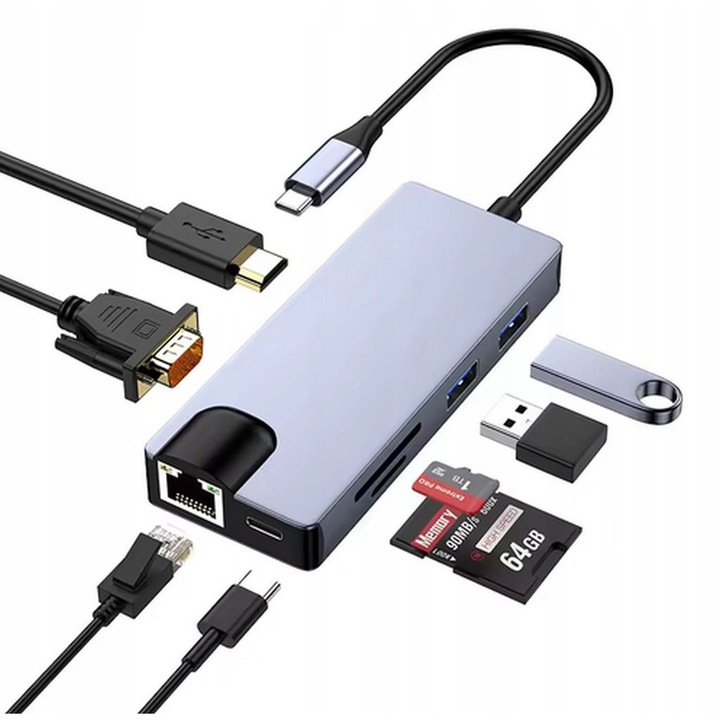 USB-C хъб 8 в 1, HDMI 4K, VGA, RJ45, PD 87W