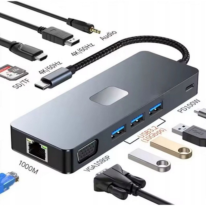 USB-C хъб 11 в 1, HDMI 4K, DP, VGA, RJ45, PD