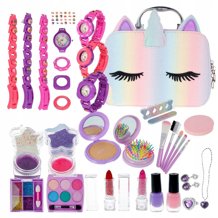 Set de machiaj si bijuterii pentru copii, Stator, design unic, cufer unicorn, 21x16x8,5cm