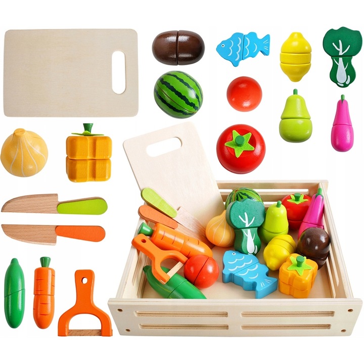 Set de jucarii educative din lemn - Stator, 17 elemente, fructe si legume, cutie 23,5x26x6 cm