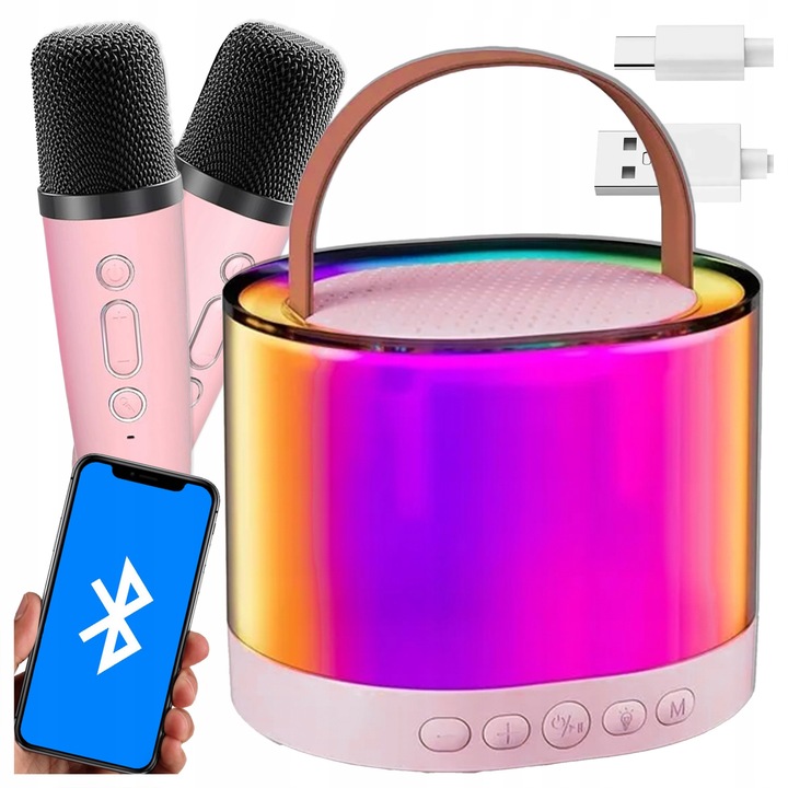 Мини караоке комплект с 2 безжични микрофона и Bluetooth високоговорител, Allvo, гласови ефекти, LED, 11x9x8,5см