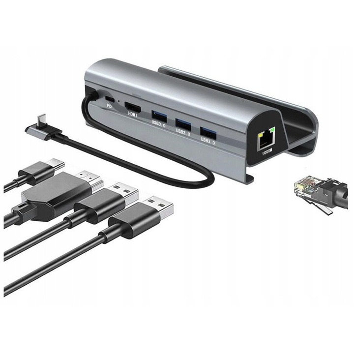 USB-C dokkolóállomás Steam Deck és ASUS ROG ALLY készülékekhez, HDMI 4K 60Hz, 3x USB 3.0, LAN 1000Mbps, teljes készlet