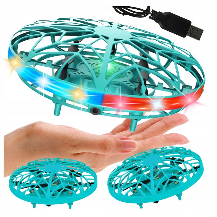 Drona zburatoare mini UFO, cu LED-uri, manevrare prin gesturi, 12x4cm, set complet