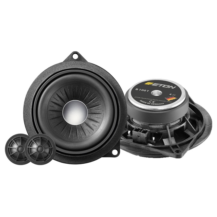Set difuzoare auto Eton B100T, seria X1 E84, plug&play pentru BMW F10/F11/F12/E90/E91/E92/E93/E81/E87/E88, woofer 100 mm membrana din celuloza, tweeter 25 mm dom din matase, negru, 2 buc