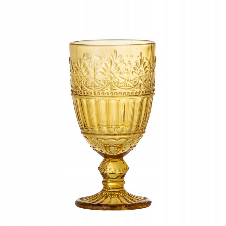 Set 6 pahare de vin din sticla, Feyza, galben cald, detalii decorative, 7.5x14.5cm, 205ml