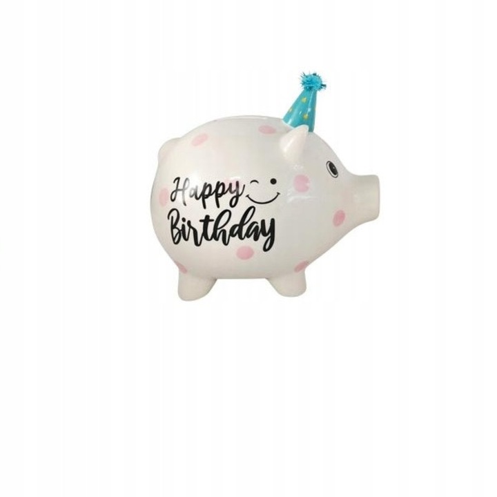 Skarbonka Exner, Swinka Happy Birthday, 16,7x15,6x12,5cm, alb cu puncte roz