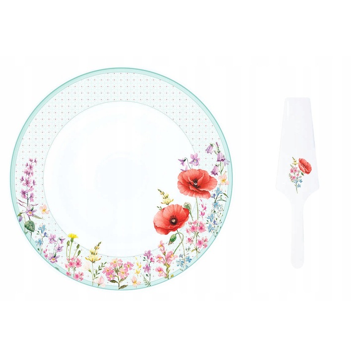 Set Platou tort cu spatula, Porcelan, Alb, Diametru 32cm