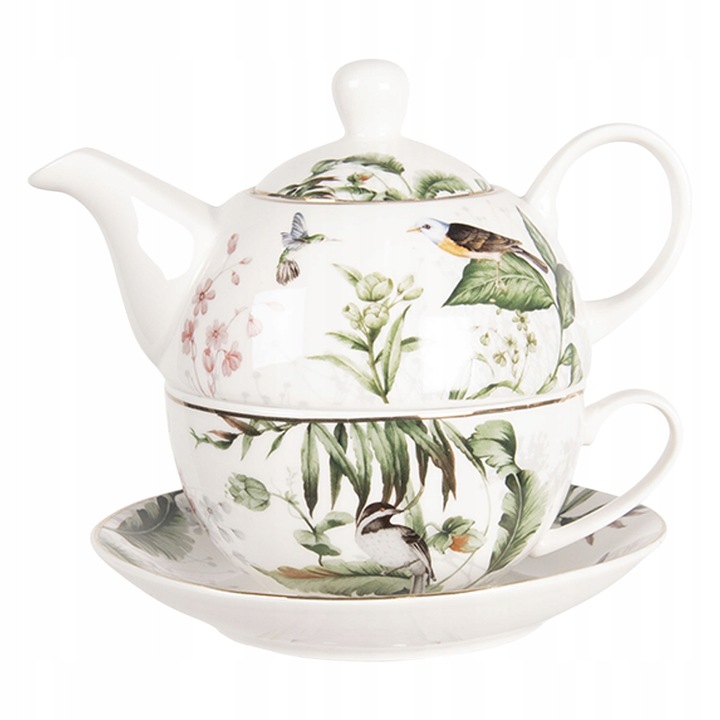 Teáskészlet egy személyre, Clayre & Eef, 450ml, 250ml, rózsamintás porcelán, 14cm