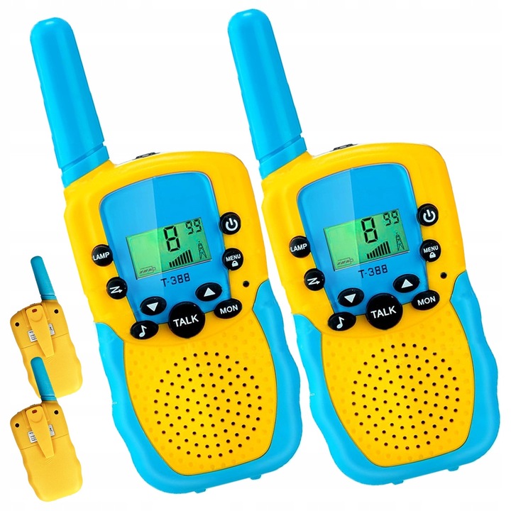 Walkie-talkie Stator T-388, rádióállomás gyerekeknek, 8 csatorna, hatótávolság akár 3 km, beépített zseblámpa, megvilágított kijelző, fejhallgató bemenet, sárga/kék, 2 darab