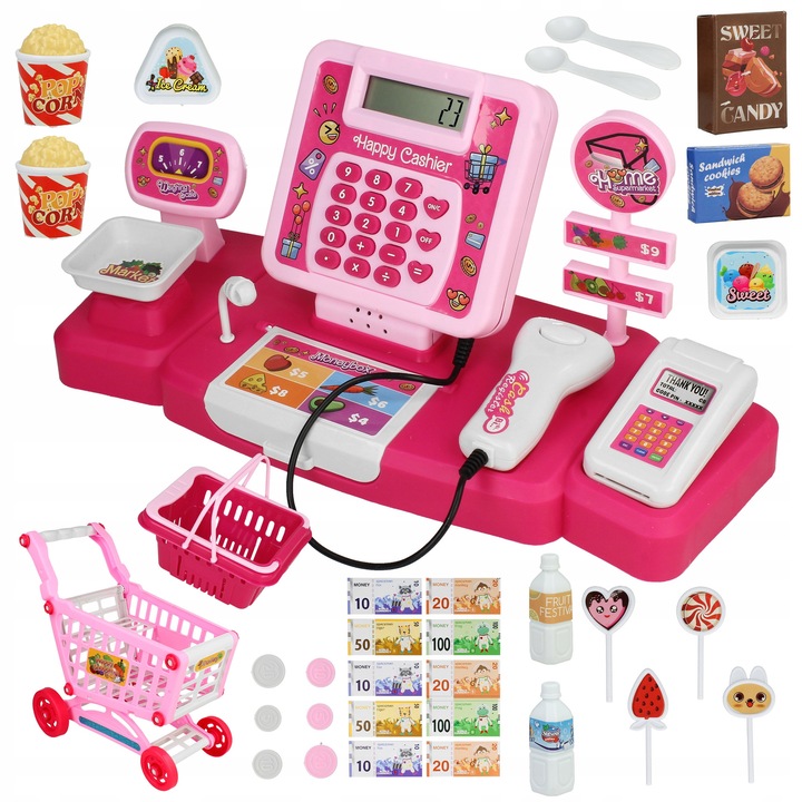 Set joaca supermarket, Stator, casa fiscala cu scanner si calculator, cos de cumparaturi, 34x15x14cm, multicolor