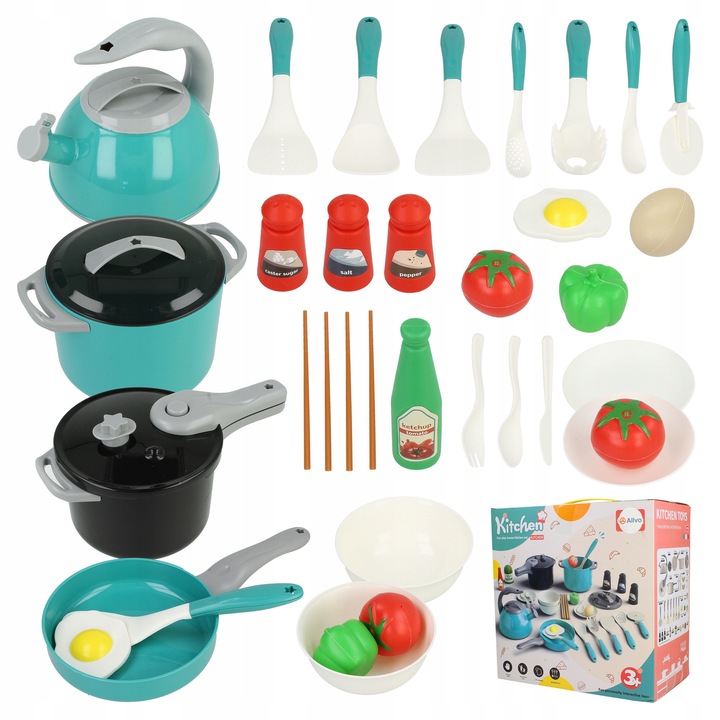 Set de bucatarie pentru copii, Allvo, nacale, vase, multicolor