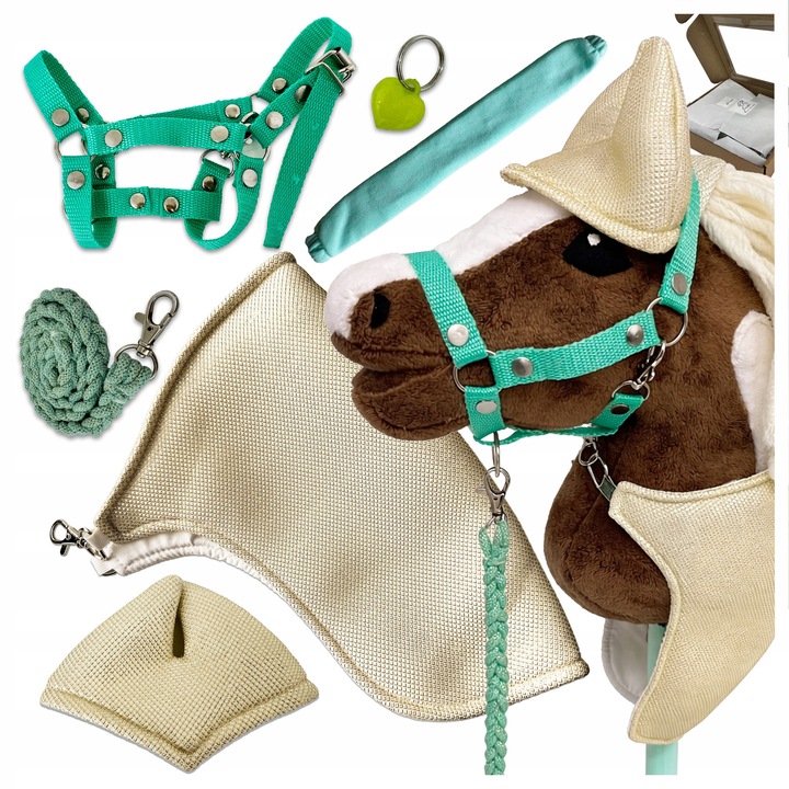 Hobby horse kiegészítő szett, arany derka 33x25cm, 14x9,5cm, türkiz kantar, 75cm-es kötőfék, botra rögzíthető védő, kézzel készített Romániában