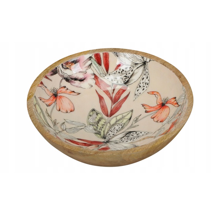 Bol decorativ din lemn de mango, 24cm, capacitate 700ml, bej, flori