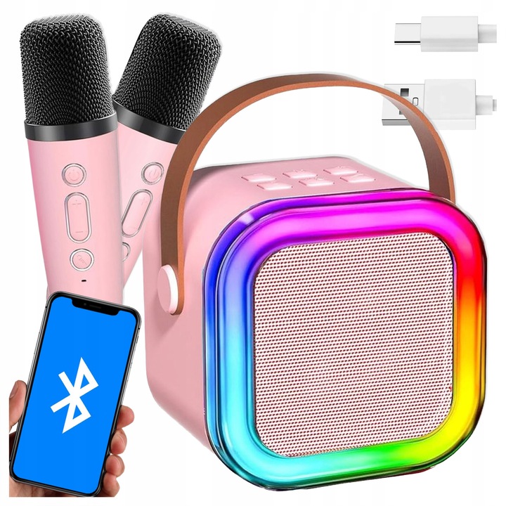 Комплект караоке за деца, 2 безжични микрофона, Bluetooth високоговорител, LED ефекти, 9x9x7см