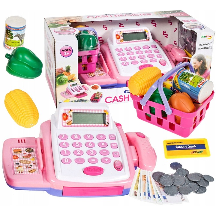 Set joaca supermarket Stator, casa de marcat cu calculator LCD, cos de cumparaturi, produse alimentare, 24x14x9cm