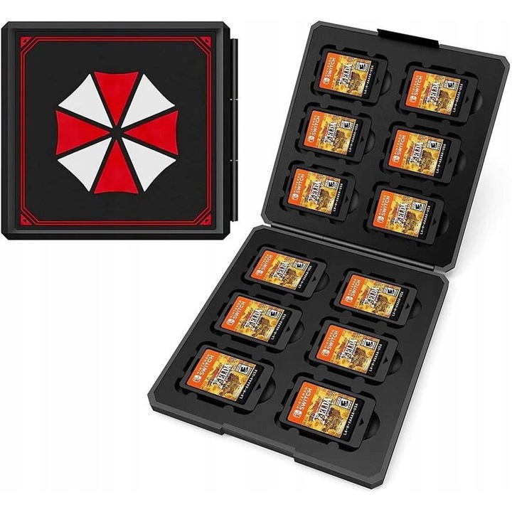 Etui pentru 12x carduri jocuri si carduri SD, Resident Evil Umbrella Corp, negru cu rosu, dimensiuni compacte