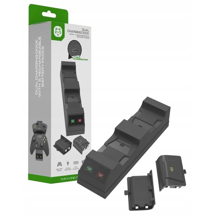 Töltőállomás XBOX ONE/ONE S kontrollerekhez, 2 db 1000mAh akkumulátor, fekete