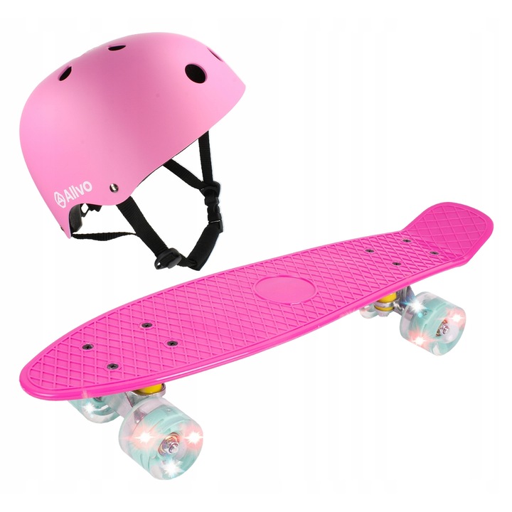 Set 2W1 Deskorolca Fiszka cu Roti LED 56cm ABEC-7 + Casca 54-58cm roz