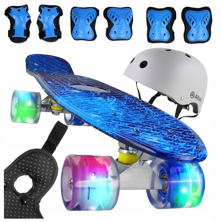 Set placa de skateboard Allvo, LED 56 cm pentru copii + casca 54-58 cm + 6 protectii