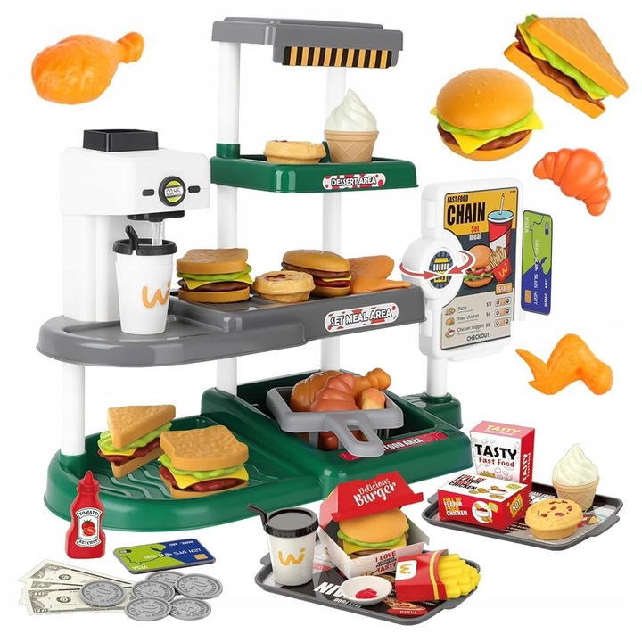 Set Bucatarie copii Stator Fast Food Mini Bar, sandwich-uri, hamburgeri, cartofi prajiti