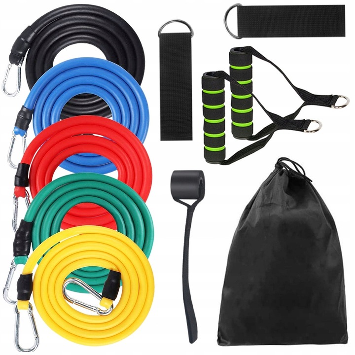 Set 5 benzi elastice de rezistenta Stator 4,5-14kg, cu manere si carlig pentru usa, 120cm