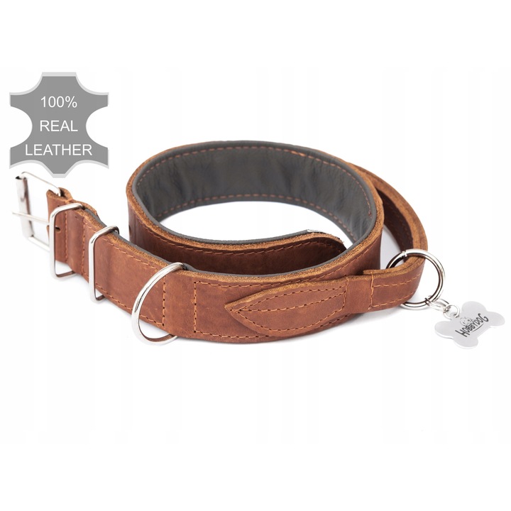 Zgarda din piele pentru caini cu maner, 47x54cm, grosime 7mm, maro